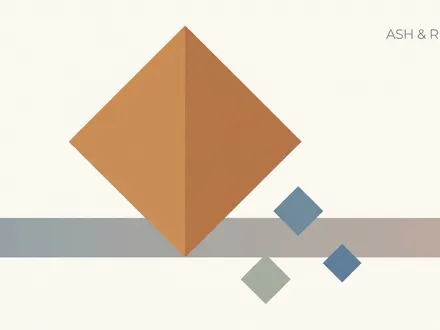 極簡幾何插畫：畫面中四枚大小不一的菱形，象徵容易被混淆的『四個三菱』；其中最大的一枚以暖橙實心突出，象徵最重量級的三菱重工，另外三枚較小、以霧藍與灰綠呈現；一道橫貫畫面、由冷灰轉暖的色帶穿過主菱形底部，象徵它從一場慘敗的灰燼中重新升起，右上角並以英文小字 ASH & REBIRTH 點題；背景暖米白、低飽和、大面積留白。