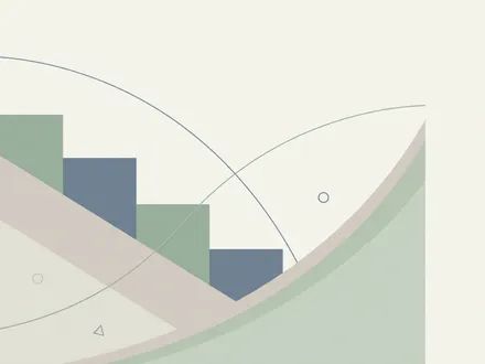 極簡幾何插畫：左側向下遞減的方塊階梯象徵萎縮的人口，下方一道上升的斜帶與弧線補回缺口、讓頂端輪廓幾乎持平，霧灰藍、鼠尾草綠與暖米白低飽和配色，大量留白。