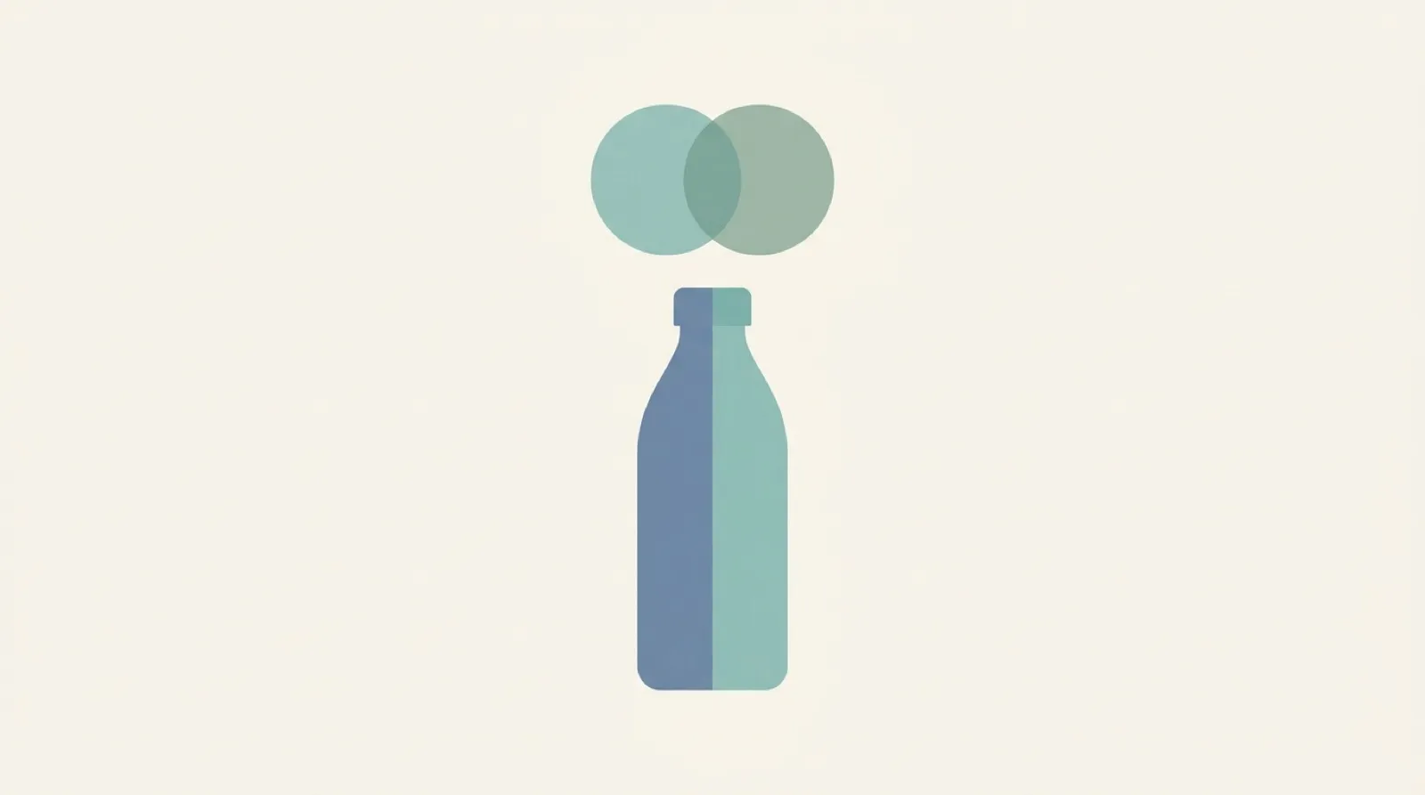 極簡幾何插畫：畫面中央一只飲料瓶，瓶身垂直對半分割成霧藍與青綠兩色，象徵金車與大塚各出一半的 50/50 合資；瓶口上方兩個圓相互交疊融合，象徵兩家公司合力做出同一罐產品。暖米白背景、霧藍與青綠的低飽和莫蘭迪類比色系、大量留白、flat design、無文字。