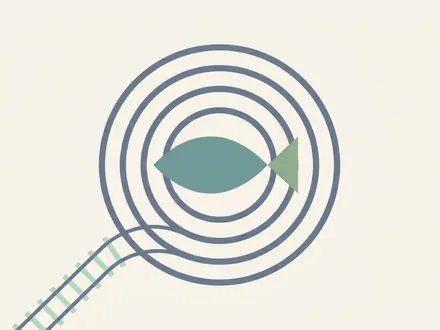 極簡幾何插畫：一條由橢圓身與三角尾構成的鮭魚，浮在象徵圓形陸上養殖水槽的同心圓漣漪中央，一條帶枕木的鐵軌自左下彎入水槽，象徵 JR四國從鐵道跨界陸上養殖與多角化轉型；低飽和莫蘭迪青綠色調