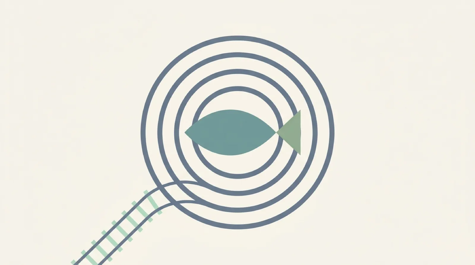 極簡幾何插畫：一條由橢圓身與三角尾構成的鮭魚，浮在象徵圓形陸上養殖水槽的同心圓漣漪中央，一條帶枕木的鐵軌自左下彎入水槽，象徵 JR四國從鐵道跨界陸上養殖與多角化轉型；低飽和莫蘭迪青綠色調