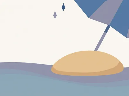 極簡幾何插畫：一把從畫面右上方伸來的巨大幾何雨傘，穩穩罩住中央番薯形的台灣島色塊，島嶼周圍是漸漸停歇的深色雨點，象徵防疫保單風暴中不離不棄的守護；低飽和霧藍、灰紫與暖沙配色，大面積留白