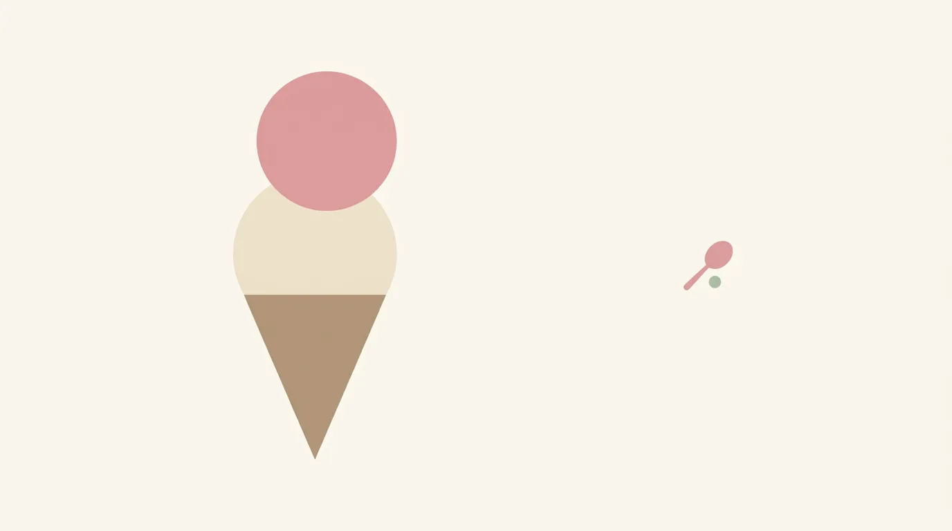 極簡幾何雙球冰淇淋──下層淺奶油色硬冰做支撐、上層粉膚色軟冰微歪、暖卡其甜筒，右側留白漂浮一支粉紅試吃湯匙符號（テイストスプーン），象徵日本 Baskin-Robbins「硬下軟上」盛裝原則與「人的溫度」反自動化策略