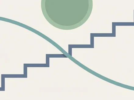 極簡幾何插畫：一條向右上攀升的藍灰階梯象徵日銀升息與利率正常化，一條向右下滑落的青綠曲線象徵日圓走弱，兩線在畫面中央交叉；背景一枚柔和綠圓作抽象硬幣母題，低飽和莫蘭迪類比色配暖米白，大量留白。