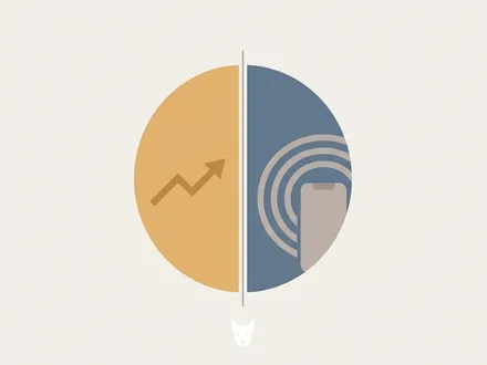 極簡幾何插畫：畫面中央一個圓形被一條極細的垂直線分成左右兩半——左半是一段向右上攀升的折線（象徵孫正義的投資帝國軟銀集團 9984），右半是幾道同心圓訊號波紋與一支手機輪廓（象徵電信本業軟銀 9434）；畫面下緣一隻極簡幾何白色狗頭剪影（暗示品牌吉祥物白戌爸爸）；霧藍、暖赭與暖灰的莫蘭迪色系，暖米白背景，大面積留白，flat design，非書本。