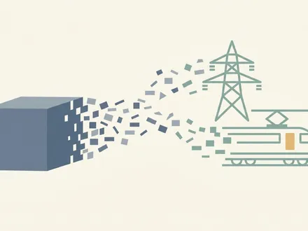 極簡幾何插畫：畫面左側一個低飽和藍灰色的方形家電輪廓逐漸解構成幾何碎塊，向右側重組為高壓電塔與列車的簡約線條剪影，象徵日立從家電製造商砍掉重練、轉型為社會基礎建設巨頭，大面積暖白留白