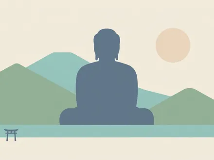 極簡扁平幾何插畫：低飽和莫蘭迪色調下，一尊由圓角色塊構成的板岩藍鎌倉大佛剪影靜坐正中，背後是層疊的鼠尾草綠與青瓷色山巒（象徵三面環山），下方一道平靜的水平海帶（象徵一面向海），右上一枚柔和圓日，左下一座極簡鳥居；傳達鎌倉作為武士古都、山海環抱的沉靜靈魂。