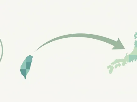 極簡幾何插畫：一個方向盤與一條由台灣島輪廓指向日本列島的箭頭相連，以低飽和青瓷綠描繪，象徵國瑞汽車整車逆輸出日本的歷史性連結