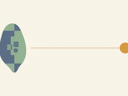 極簡幾何插畫：畫面右側一枚暖赭金圓點代表日本京都的村田，以一條俐落細線連向左側一座藍灰與鼠尾草綠雙色、形似番薯的島嶼輪廓（象徵台灣），島上散布幾枚小伺服器機櫃與晶圓圖示代表鴻海與台積電，大面積暖米白留白，傳達日台 AI 供應鏈的共生關係
